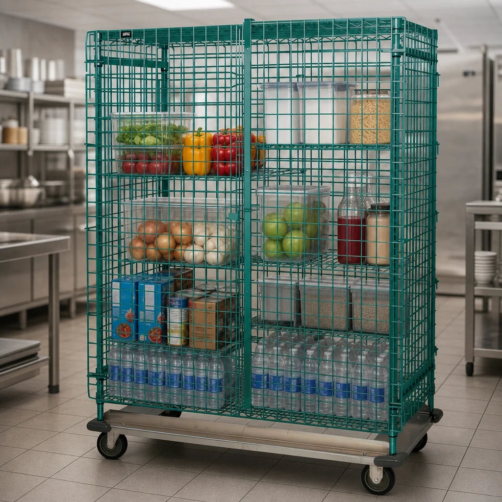 Quantum MD2448-70SECP Mobile Open-Wire Security Cage with Locking Doors, Dolly Base, Green Epoxy, 48"W x 24"D x 70"H