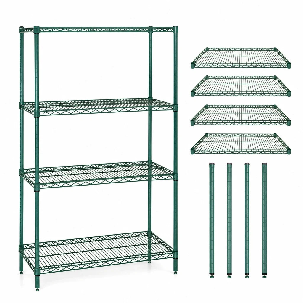 Quantum WR54-3042P 4-Shelf Stationary Wire Shelving Starter Kit, 42"W x 30"D x 54"H, Green Epoxy Finish