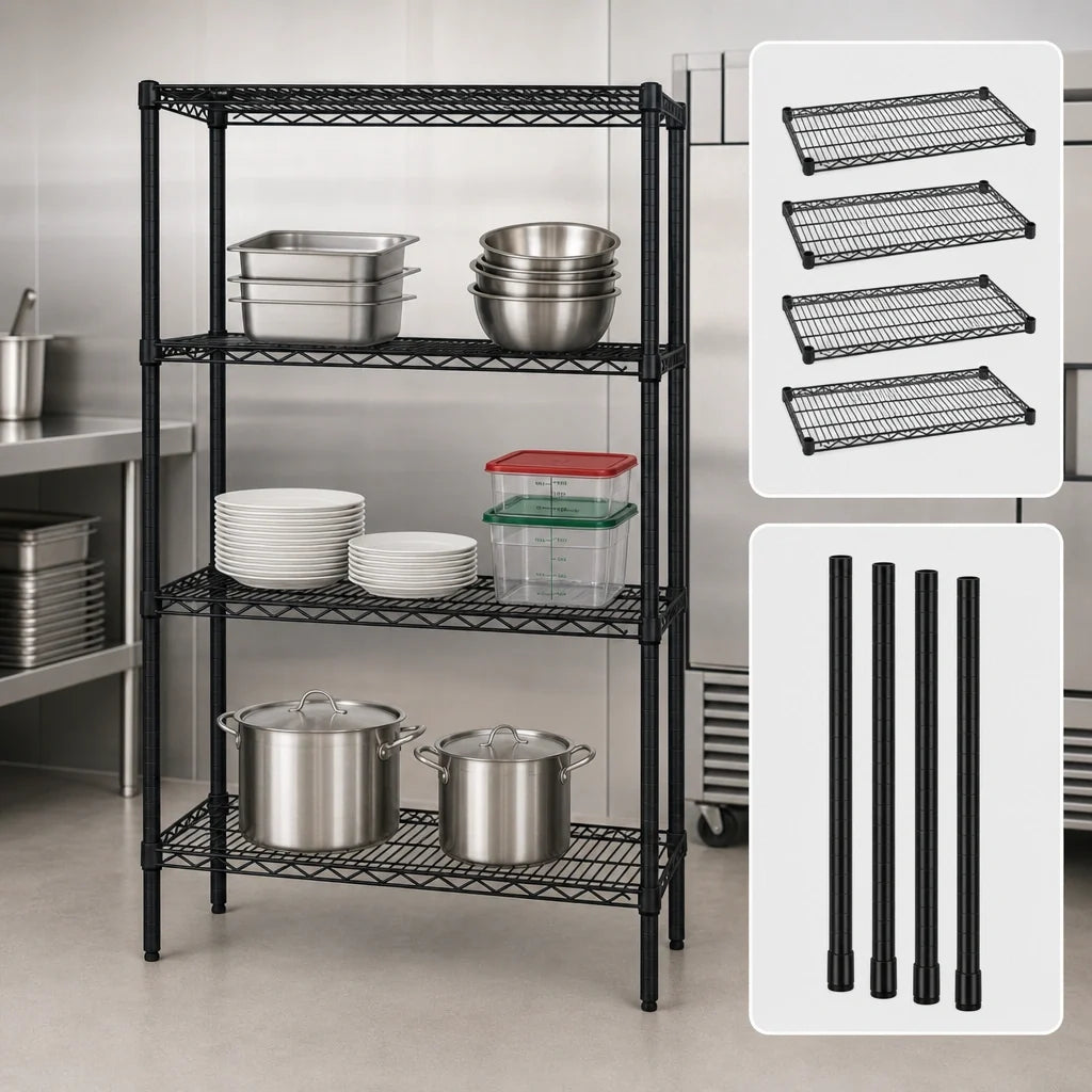 Quantum WR86-2148BK Stationary Wire Shelving Starter Unit, 48"W x 21"D x 86"H, 4 Shelves, Black Epoxy Antimicrobial Finish