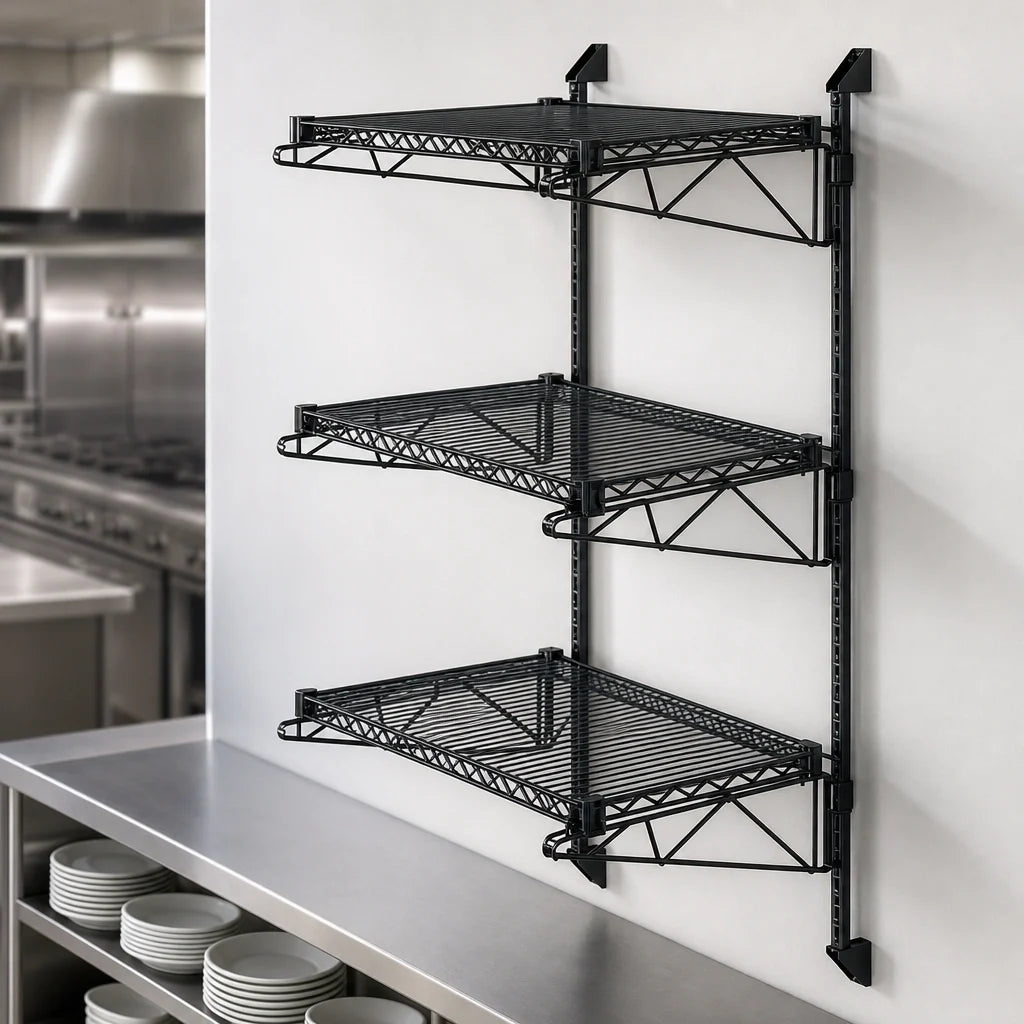 Quantum WC54-CB1860BK Wall-Mounted Shelving Starter Unit with 3 Wire Shelves, Black Epoxy Antimicrobial Finish