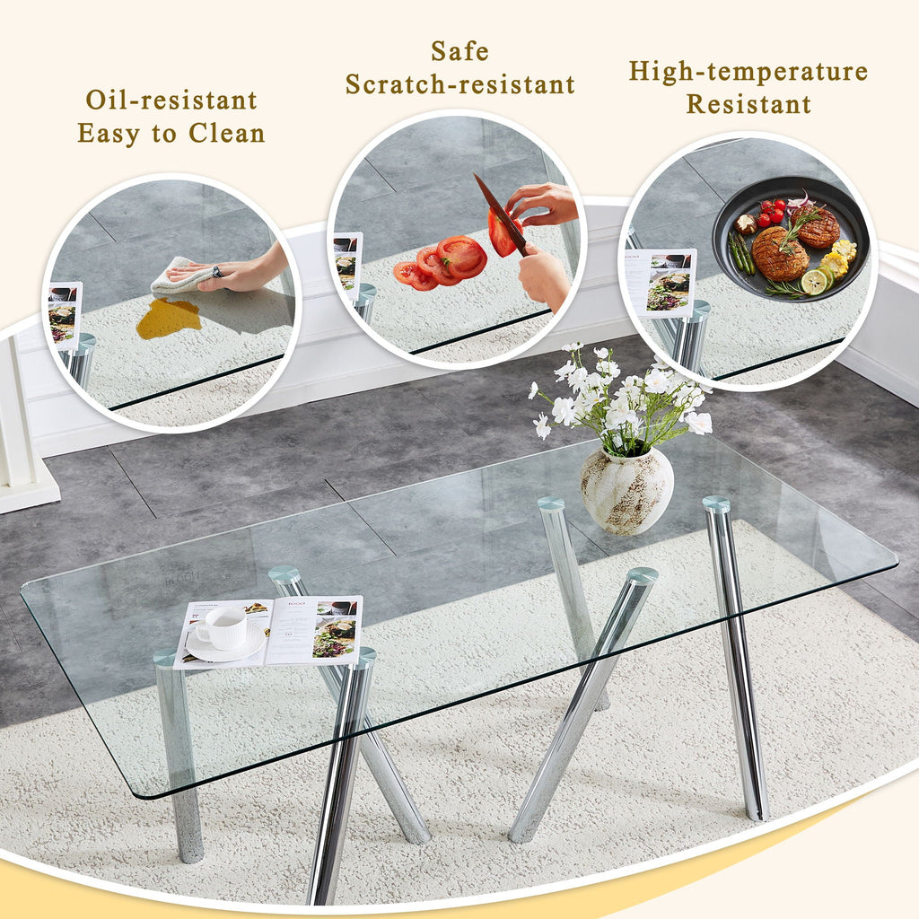 Dining Table with Transparent Tempered Glass Surface – Pearl Silver or Gold