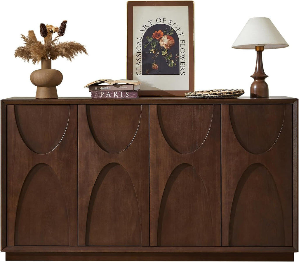4 Door Accent Cabinet with Solid Wood Carved Doors - Natural Walnut