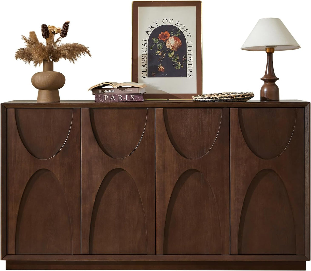 4 Door Accent Cabinet with Solid Wood Carved Doors - Natural Walnut