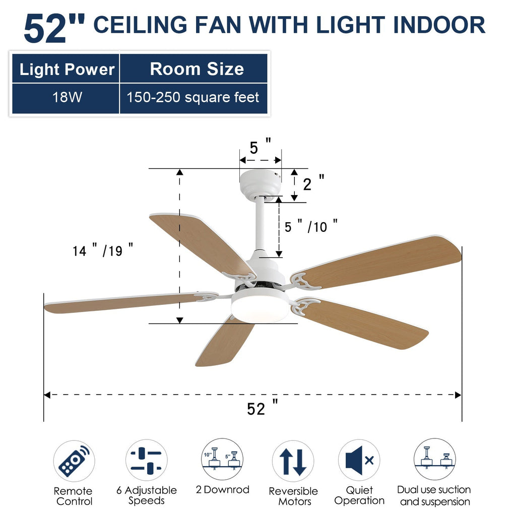 Modern 52 Inch Ceiling Fan with LED Light and Remote Control - Indoor