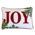 Joy Embroidered Christmas Throw Pillow with Velvet Finish - White and Red