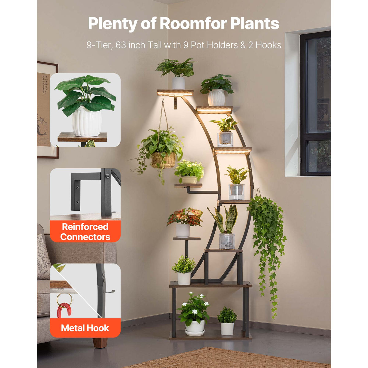 63 in Tall Indoor Plant Stand with Grow Lights - Black Iron