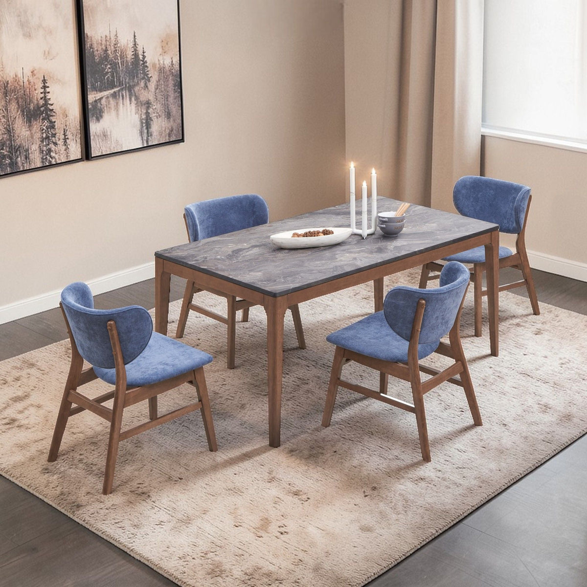 5 Piece Dining Room Set with Upholstered Chairs - Blue or Dark Green