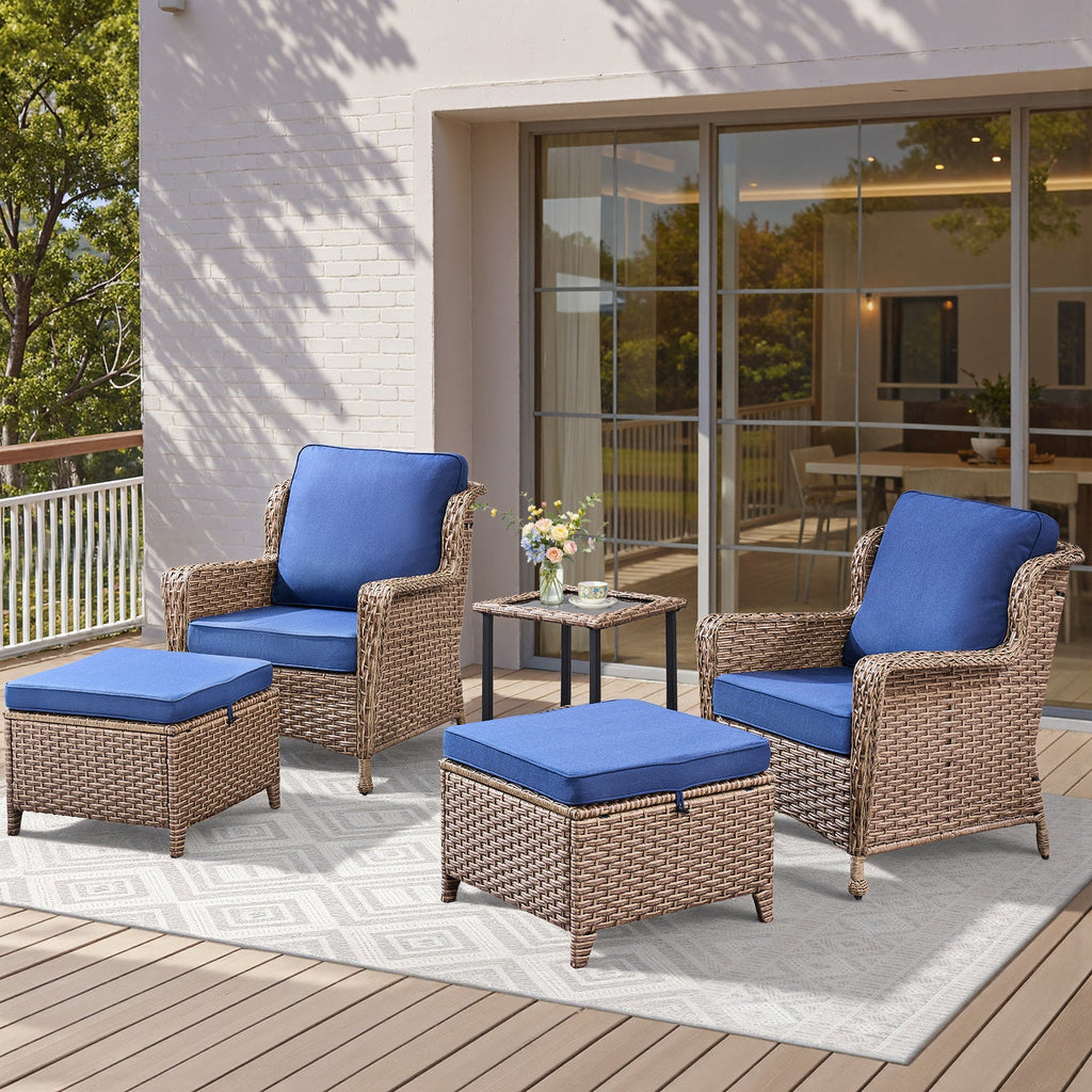 5-Piece Outdoor Lounge Chairs Set with Cushions and Side Table - Beige or Blue