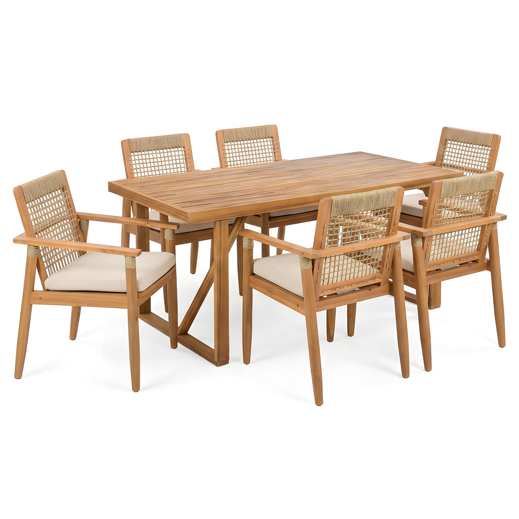7 Piece Acacia Wood Outdoor Dining Set with Cushions - Teak Finish