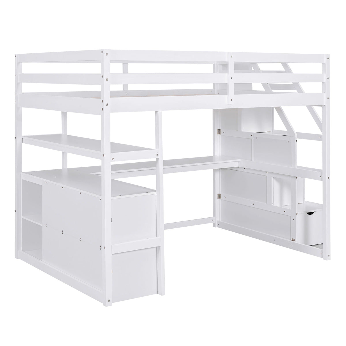 Loft Bed with Desk and Storage Staircase - Full or Twin, White or Gray