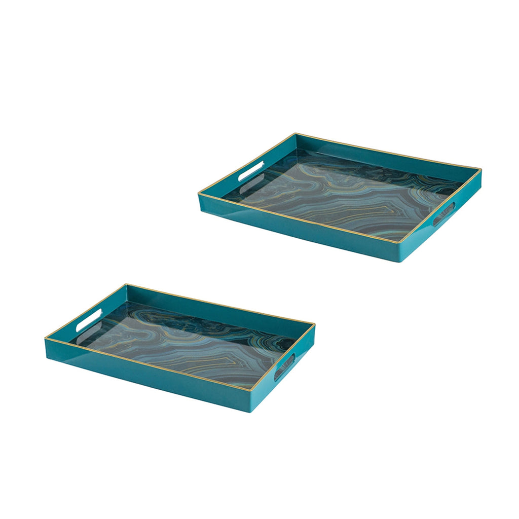 Set of 2 Effra Rectangular Trays with Marble-Inspired Finish - Blue or Black