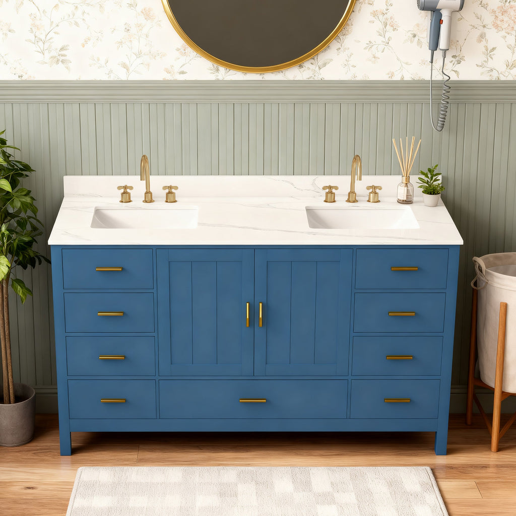 60" Solid Wood Bathroom Vanity with Double Sinks and Quartz Top - Blue