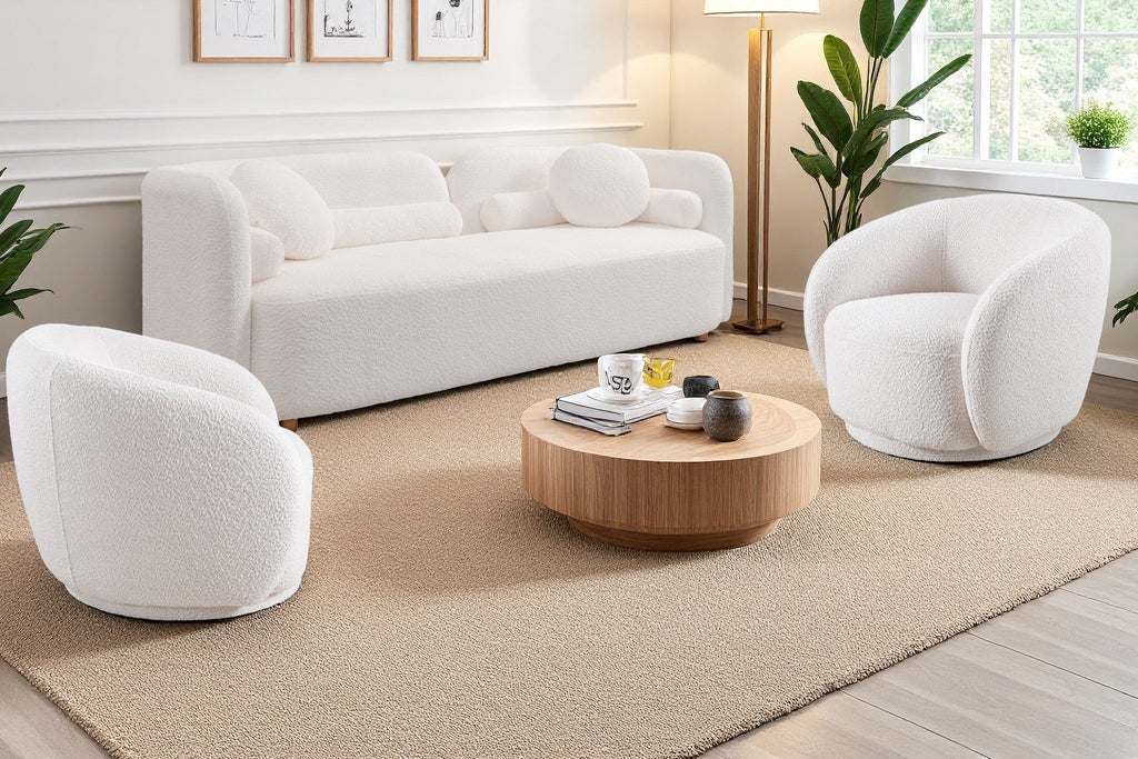 Luxury Modern Sofa Couch with Boucle Fabric - White/Beige