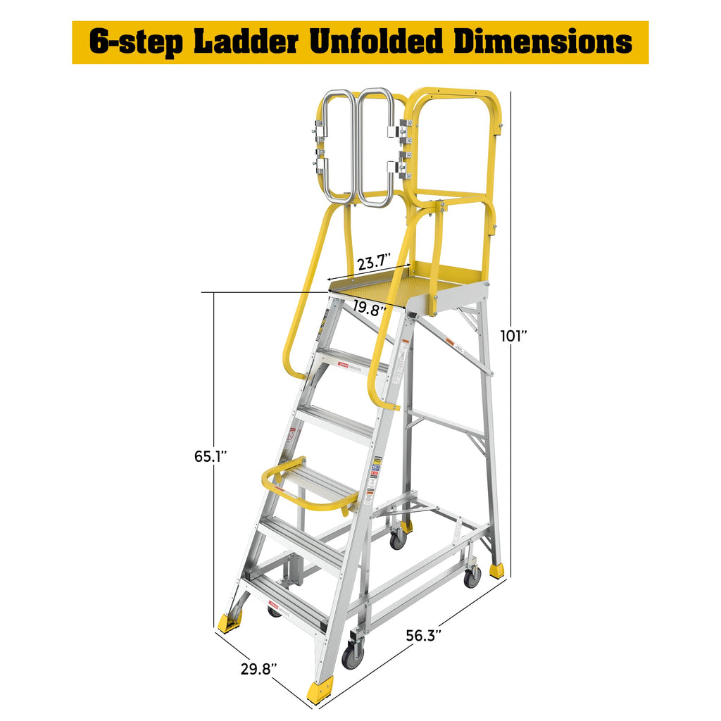 6 Step Aluminum Rolling Platform Ladder with 375 lb Capacity - Silver