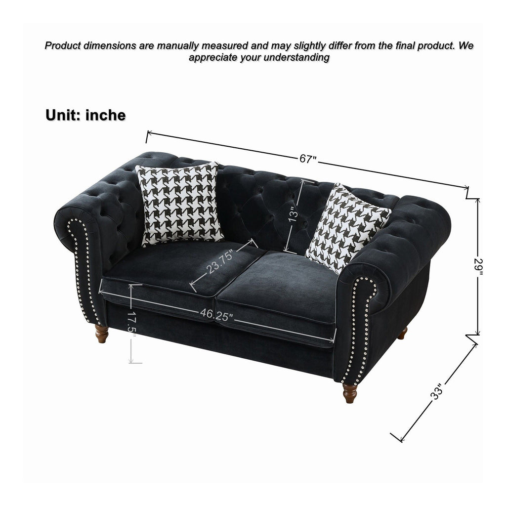 Chesterfield 3 And 2 Seater Upholstery Sofa with Roll Armrest & Nailhead Fabric Couch - Black