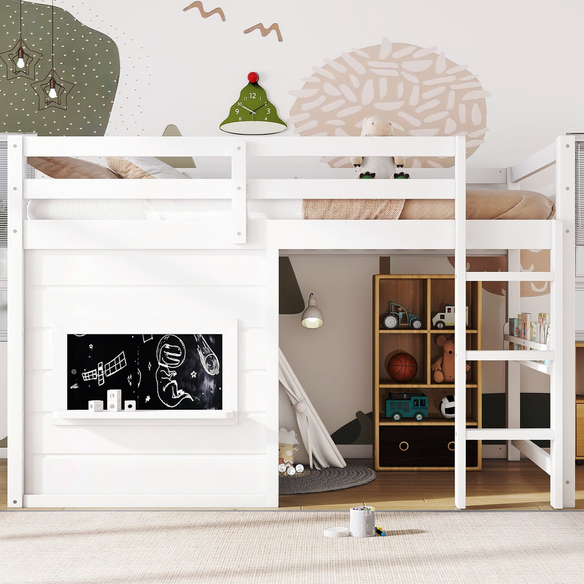 Twin Size Loft Bed with Sliding Chalkboard & Bookshelf - White