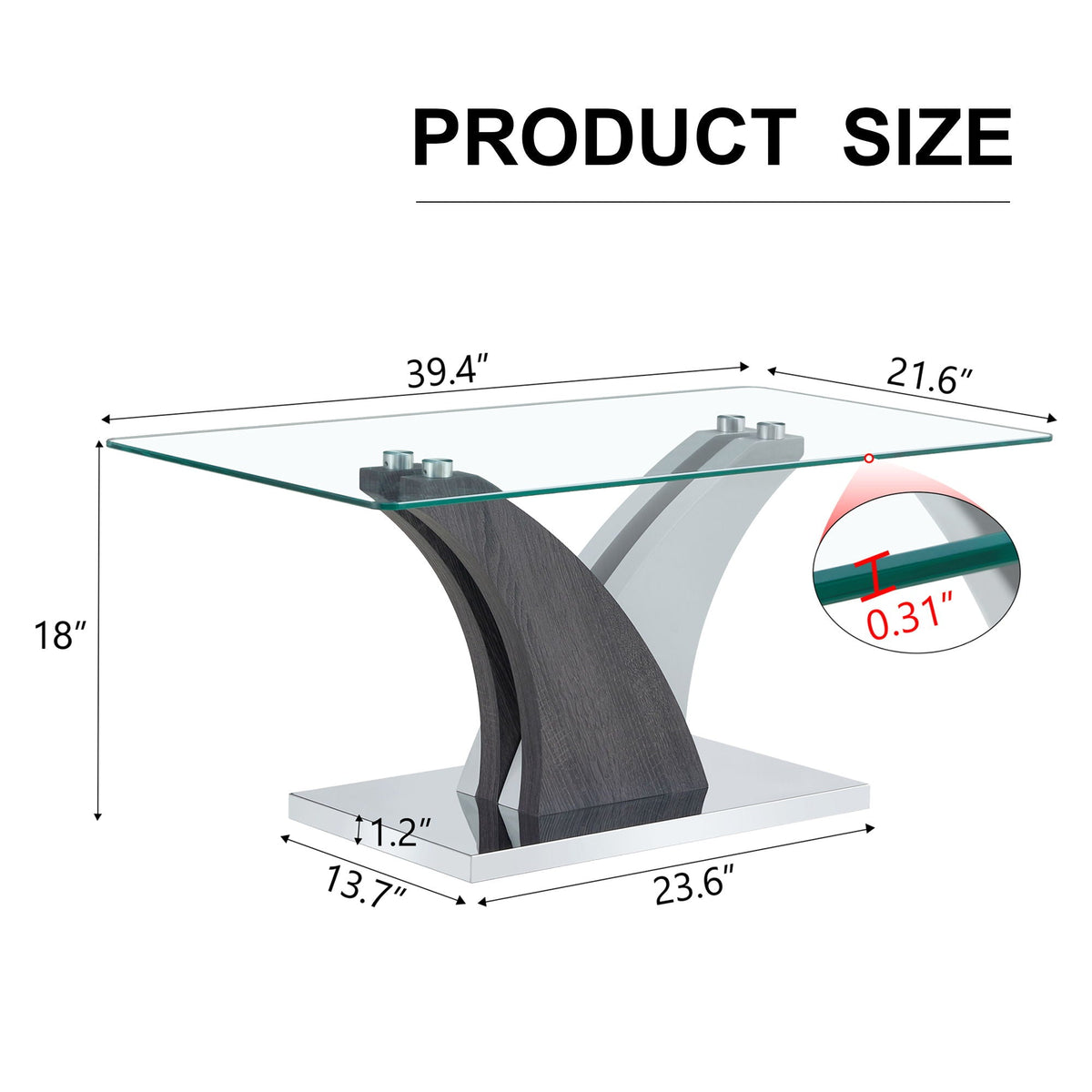 Rectangular Coffee Table with Tempered Glass Countertop - Gray