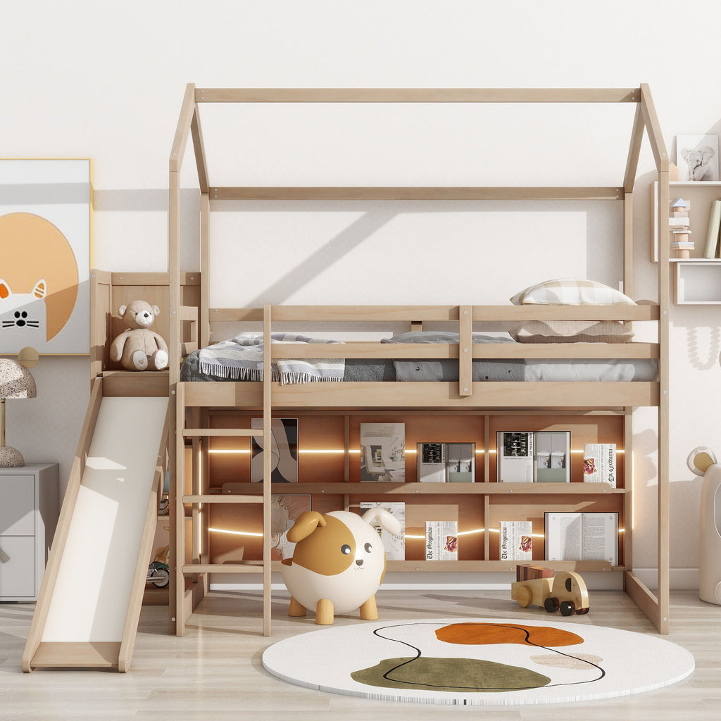 House Loft Bed with Slide and Storage Shelves - Twin with Light