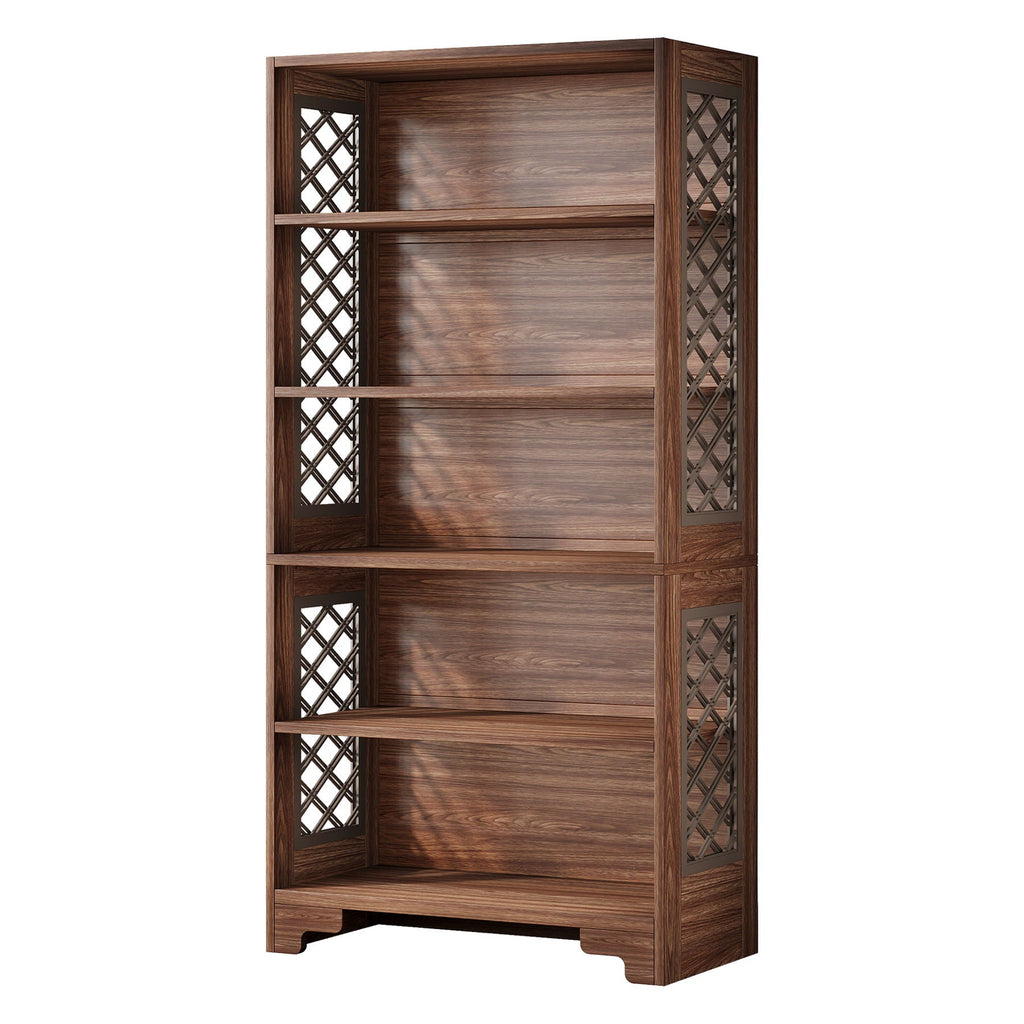 6 Tier Brown Mid Century Bookcase with X Design - Brown