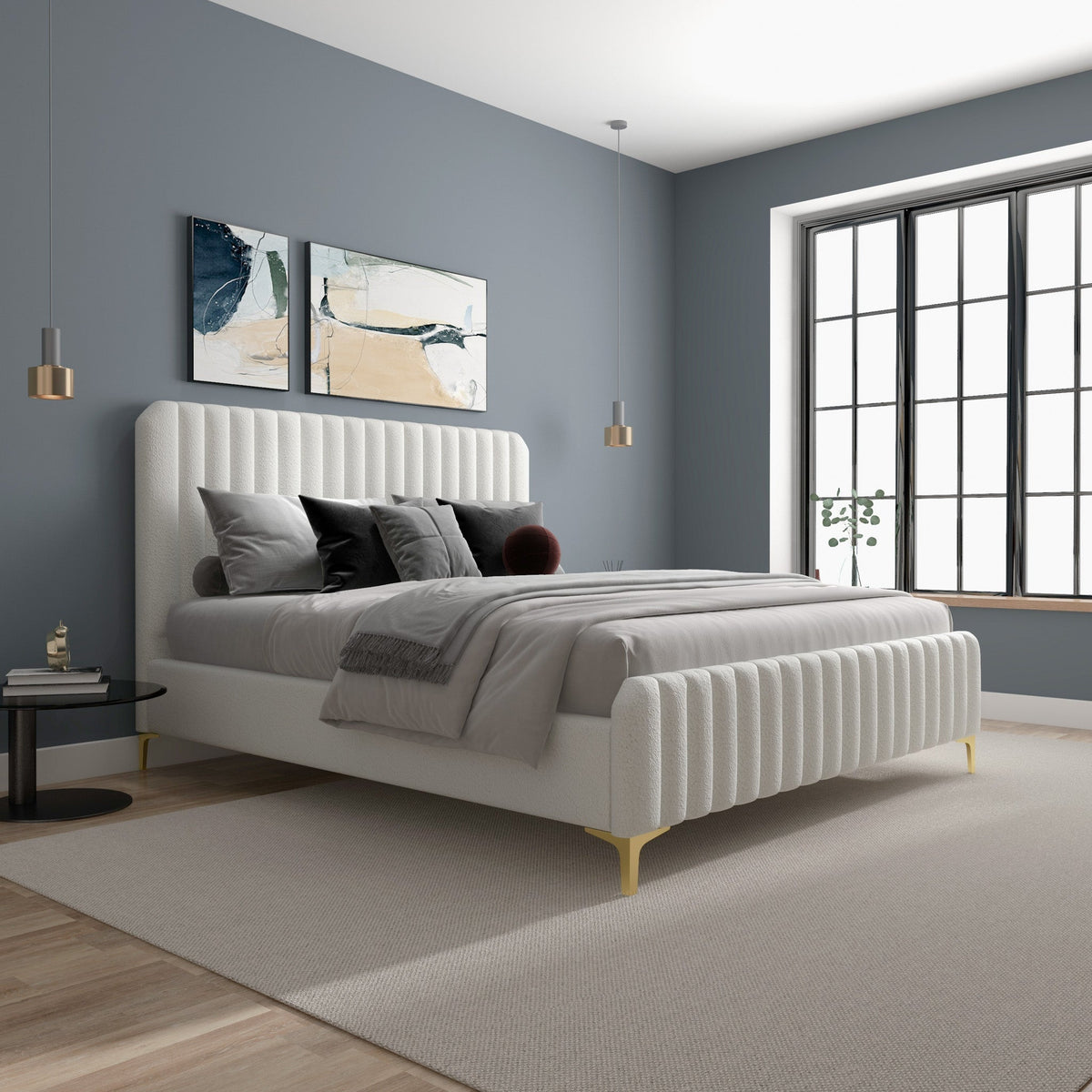 Valery King Size Bed Frame with Tufted Upholstery - White Boucle