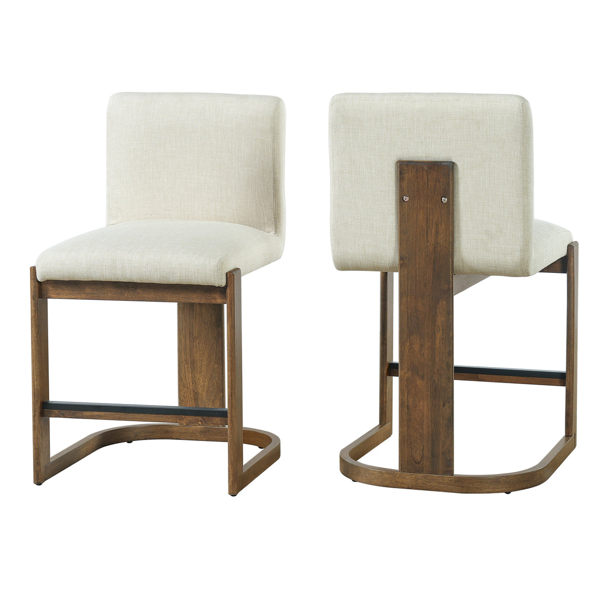 Modern Bar Stools Set of 2 with Plush Polyester Cushion - Walnut & Beige