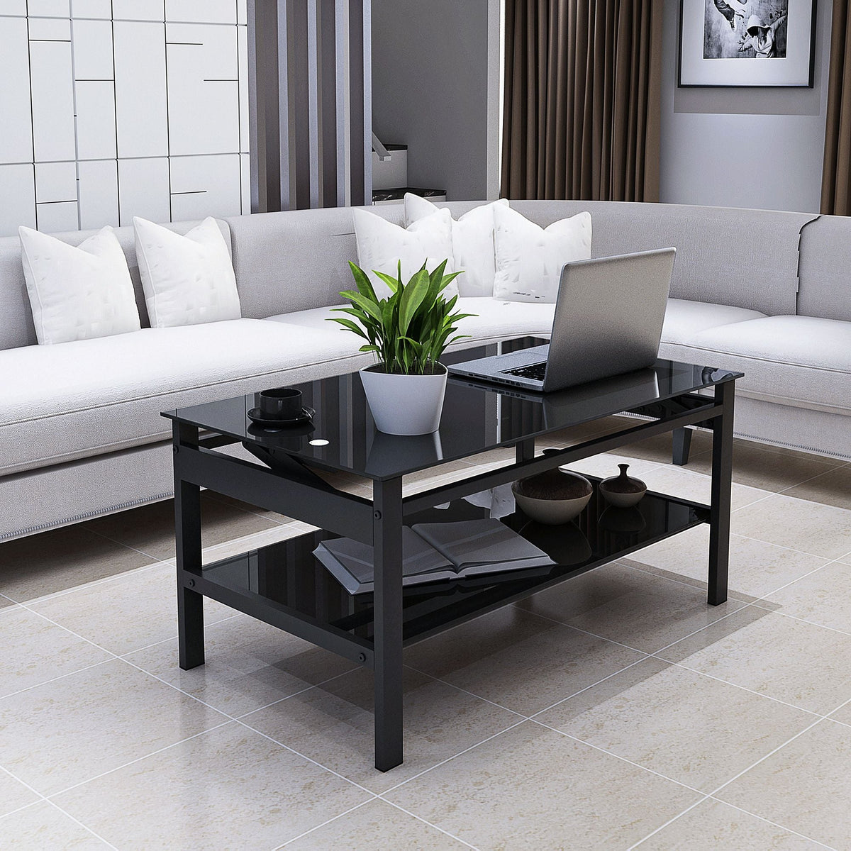 Glass Lift Top Coffee Table with Storage Shelf - Black