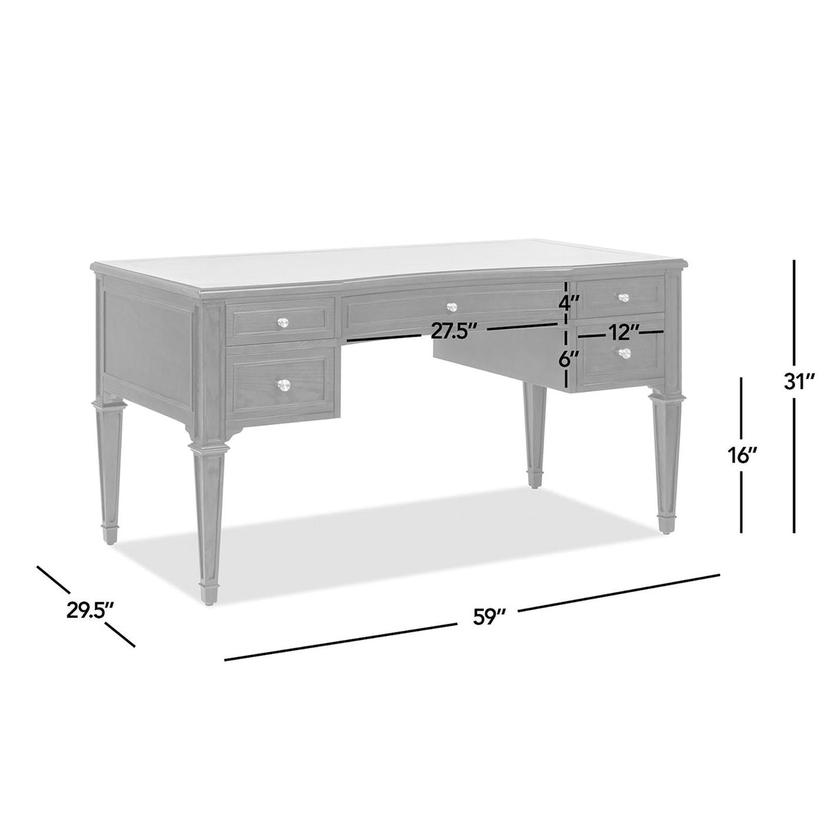 Dauphin 5 Drawer Executive Desk with Solid Rubber Hardwood - Gray or Light Brown