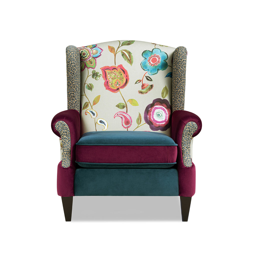 Anya Boho Chic Wingback Accent Arm Chair with Floral Print - Blue or Teal Multi
