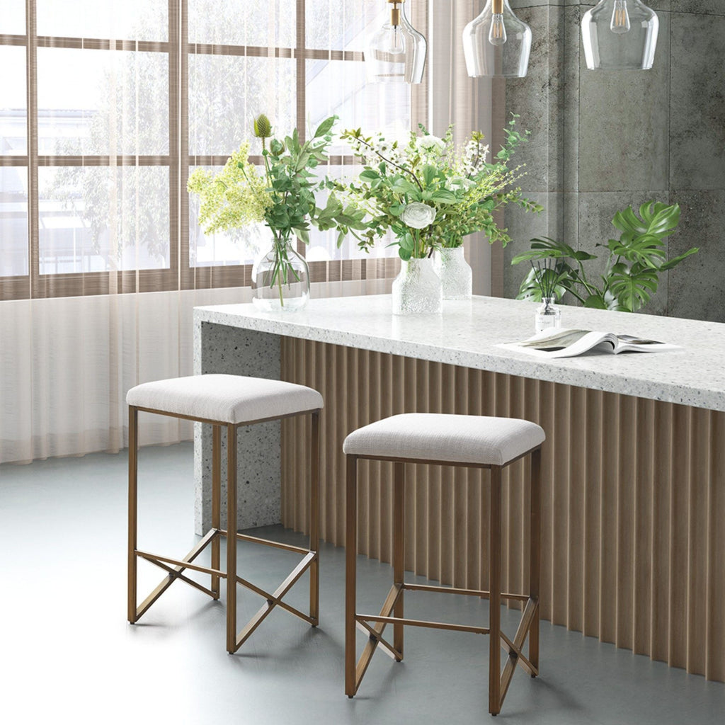 Ivory Backless Upholstered Counter Stool with Padded Seat - Bronze Base