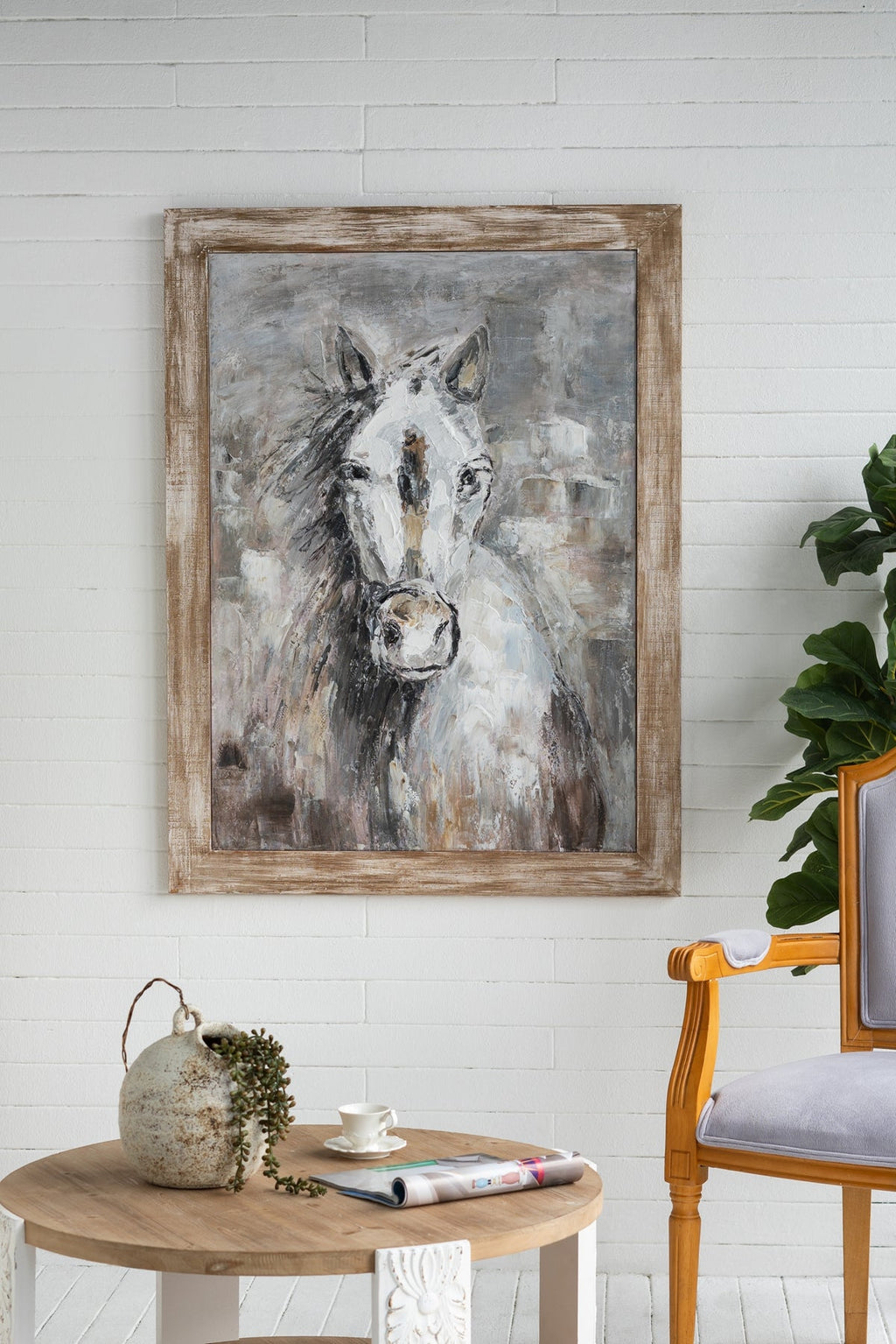 Hand-Painted White Horse Wall Art with Rustic Fir Frame - Multicolor