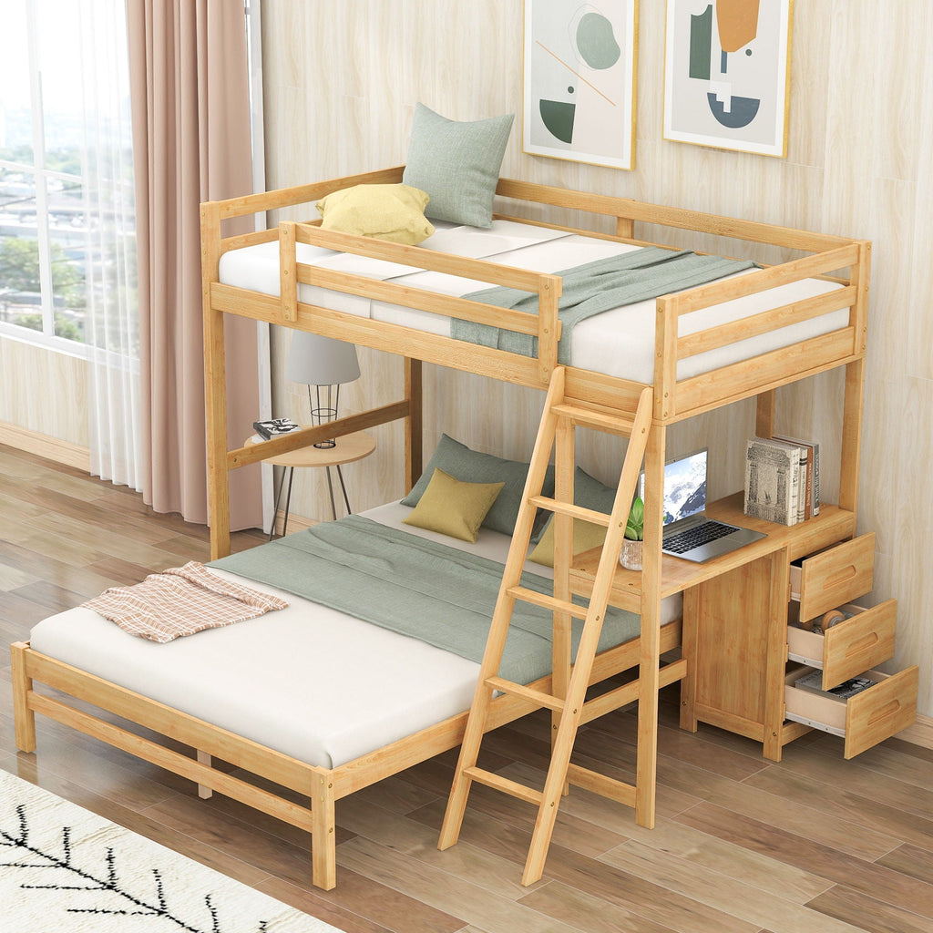 Bunk Bed with Built-In Desk and 3 Drawers - Twin over Full