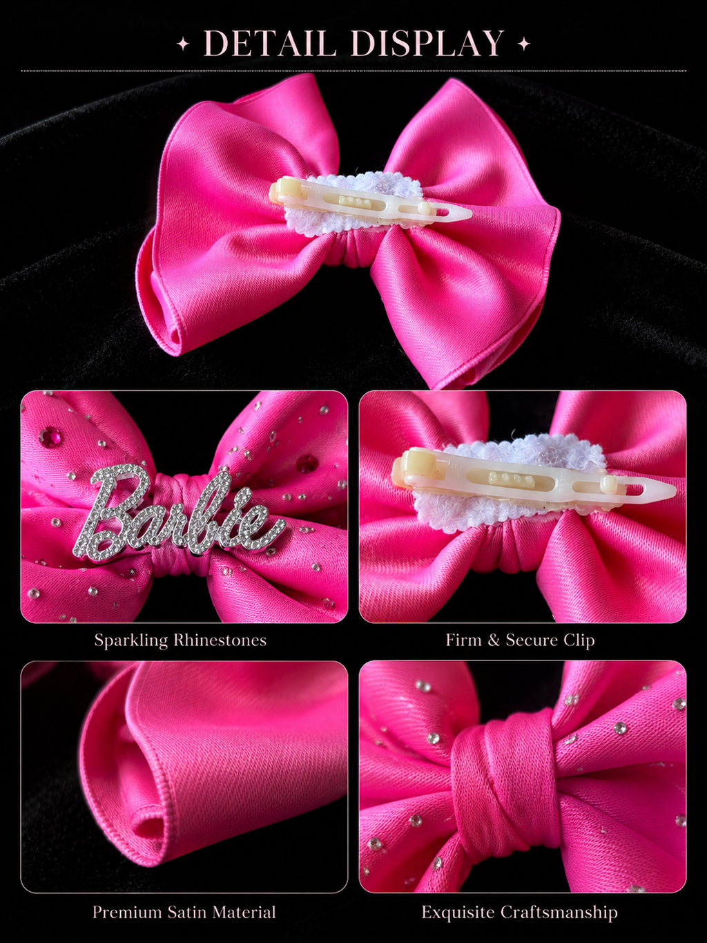 Handmade Big Hot Pink Satin Rhinestone Pet Bow Hair Clip