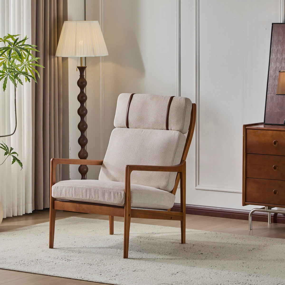 Mid Century Modern Accent Armchair with Solid Wood Frame - Light Gray or Beige