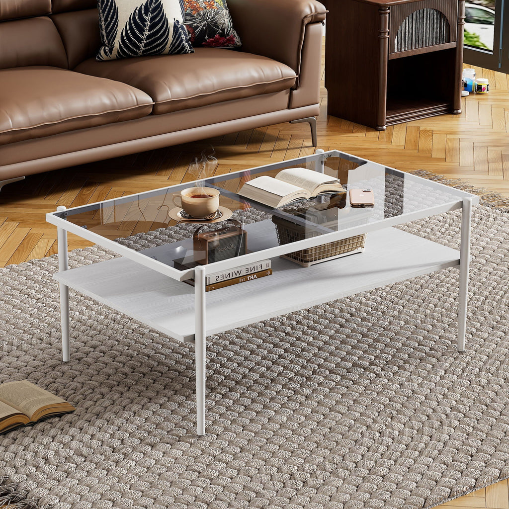 Rectangular Coffee Table with Tempered Glass Top and Metal Legs - Black, Dark Brown, or White