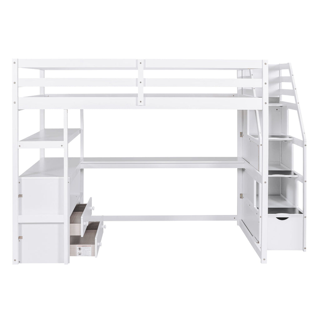 Loft Bed with Desk and Storage Staircase - Full or Twin, White or Gray