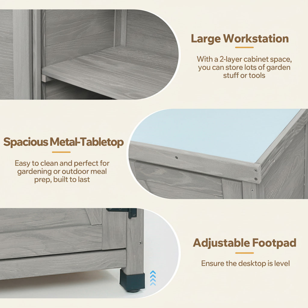 Potting Bench with Metal Top and Storage Cabinet - Solid Wood