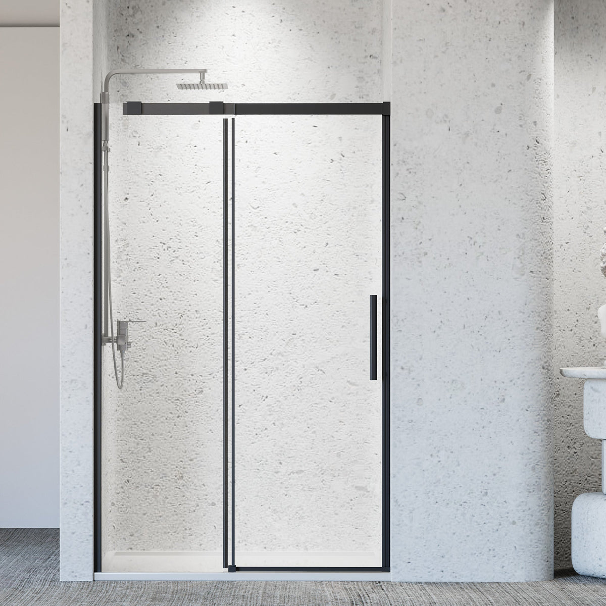 Frameless Sliding Shower Door with Tempered Glass - Matte Black