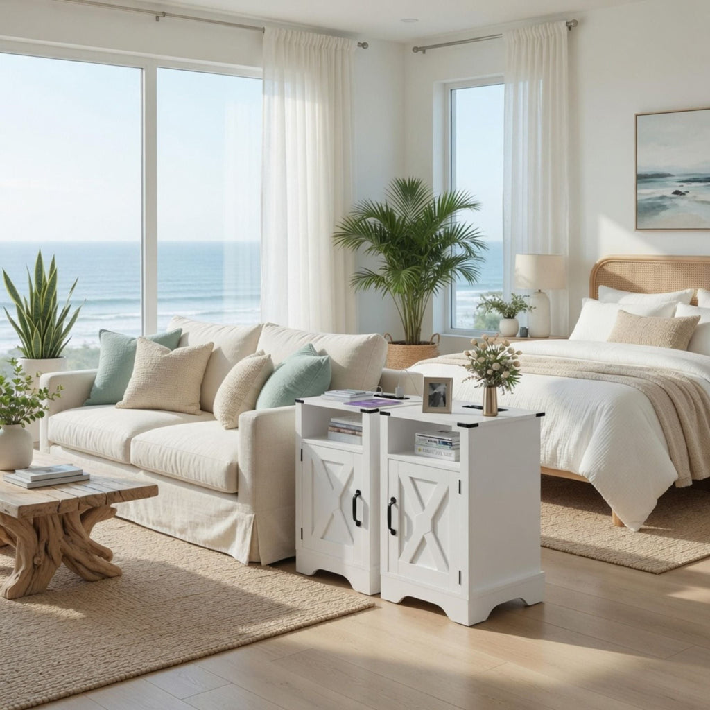 Farmhouse Nightstand with Charging Station & Storage - Multiple Colors