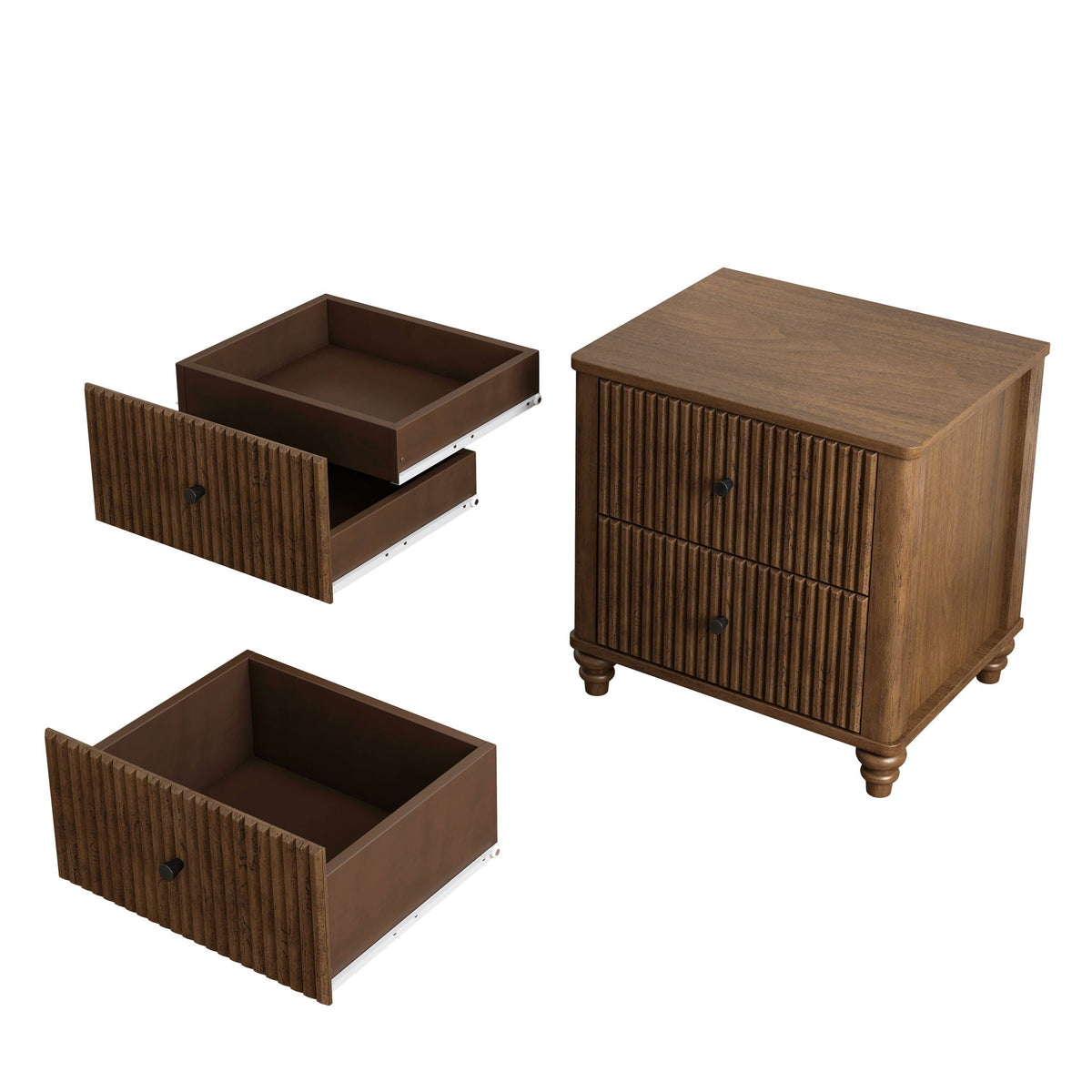 Fluted Nightstand with 3 Drawers - Set of 2 - Dark Brown or Beige