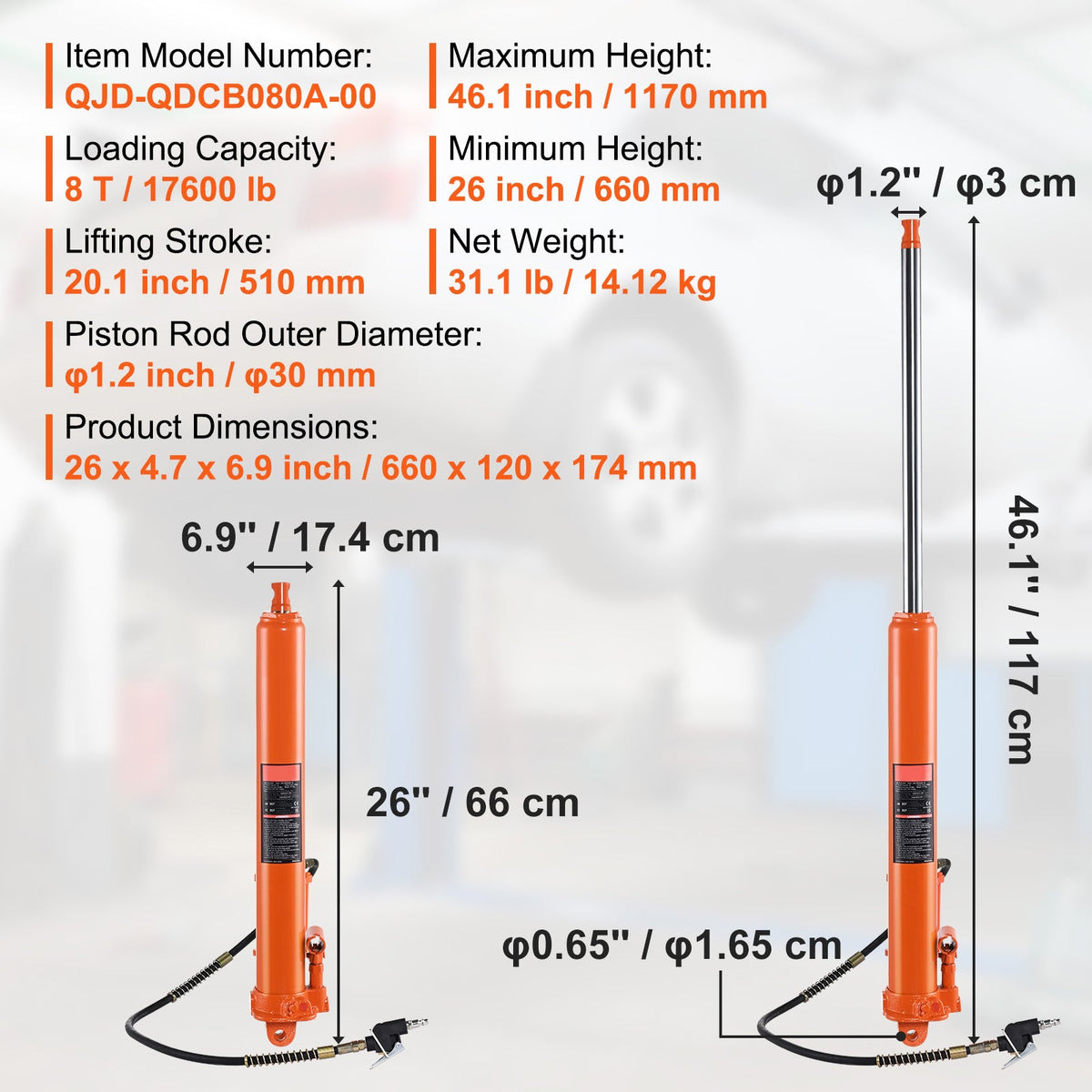 Hydraulic Long Ram Jack with Dual Pump Design - Steel