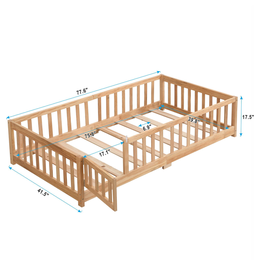 Solid Wood Floor Bed With Door And Fence For Children