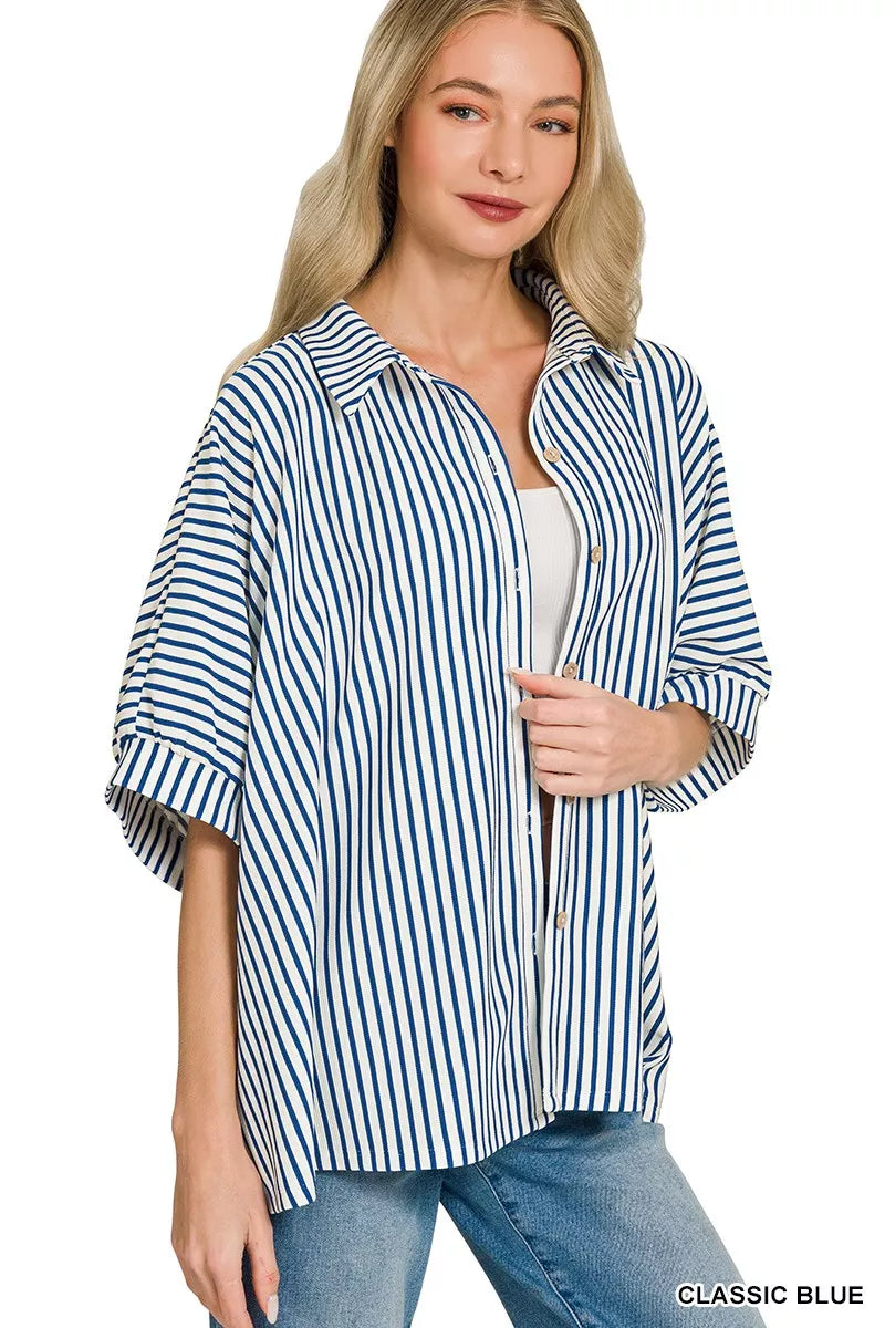 Zenana Oversized Stripe Button Down Shirt