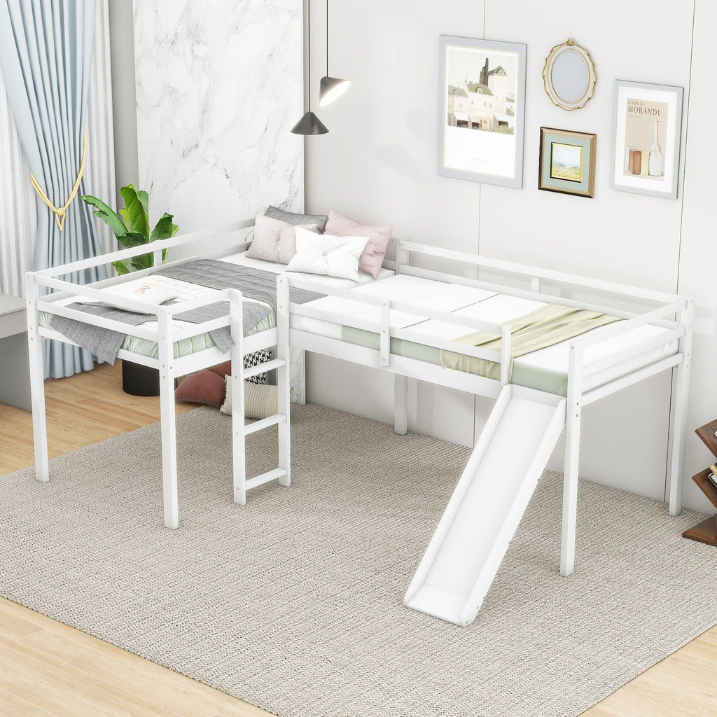 L Shaped Loft Bed with Slide and Ladder - Twin Size, Solid Wood - White or Dark Gray
