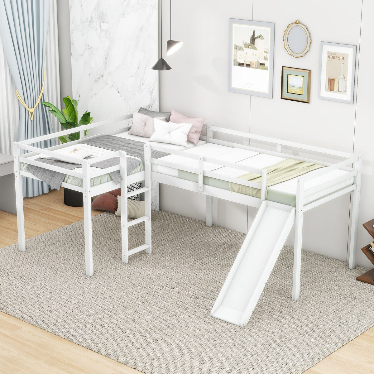 L Shaped Loft Bed with Slide and Ladder - Twin Size, Solid Wood - White or Dark Gray