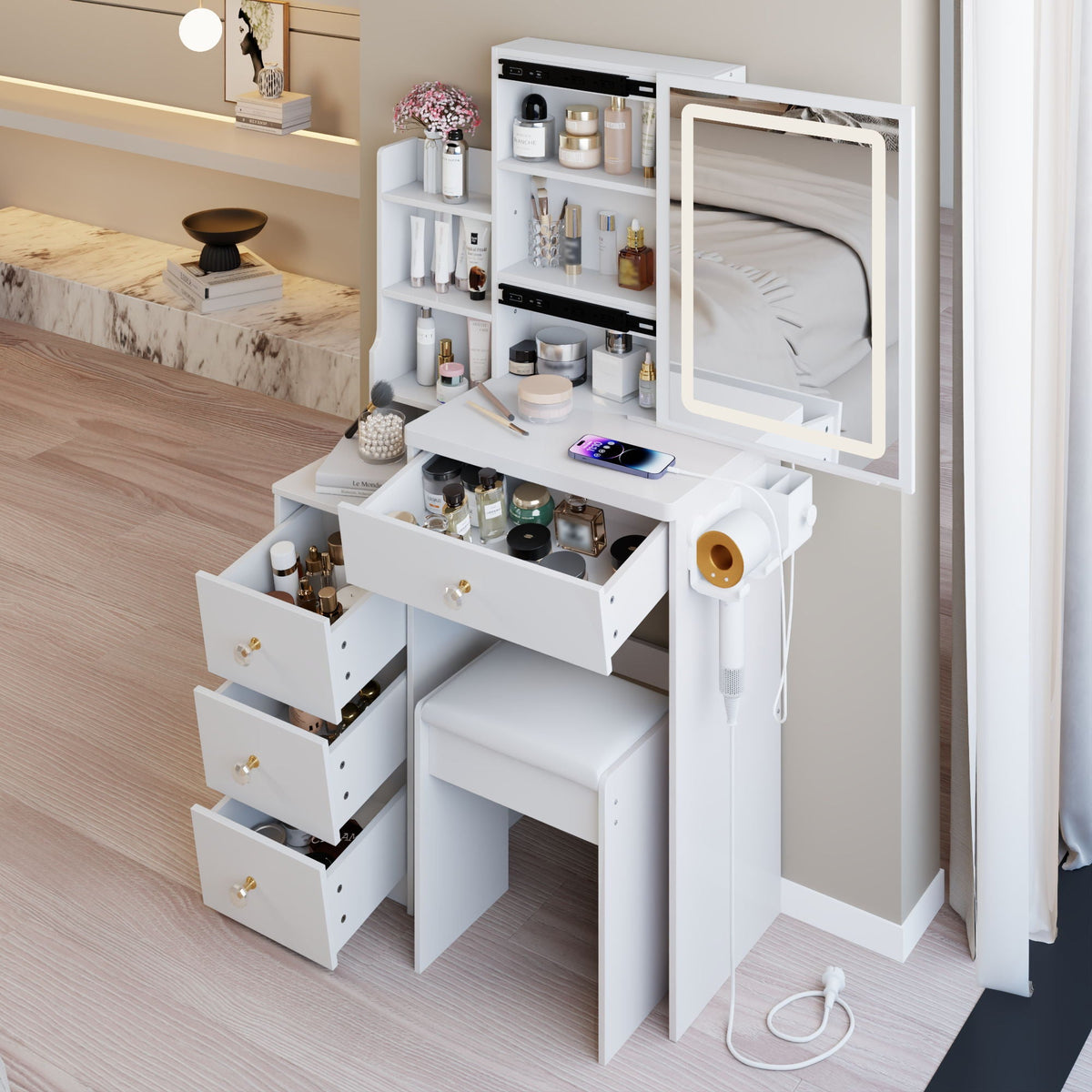 White Vanity Set with USB Power Station and Cushioned Stool