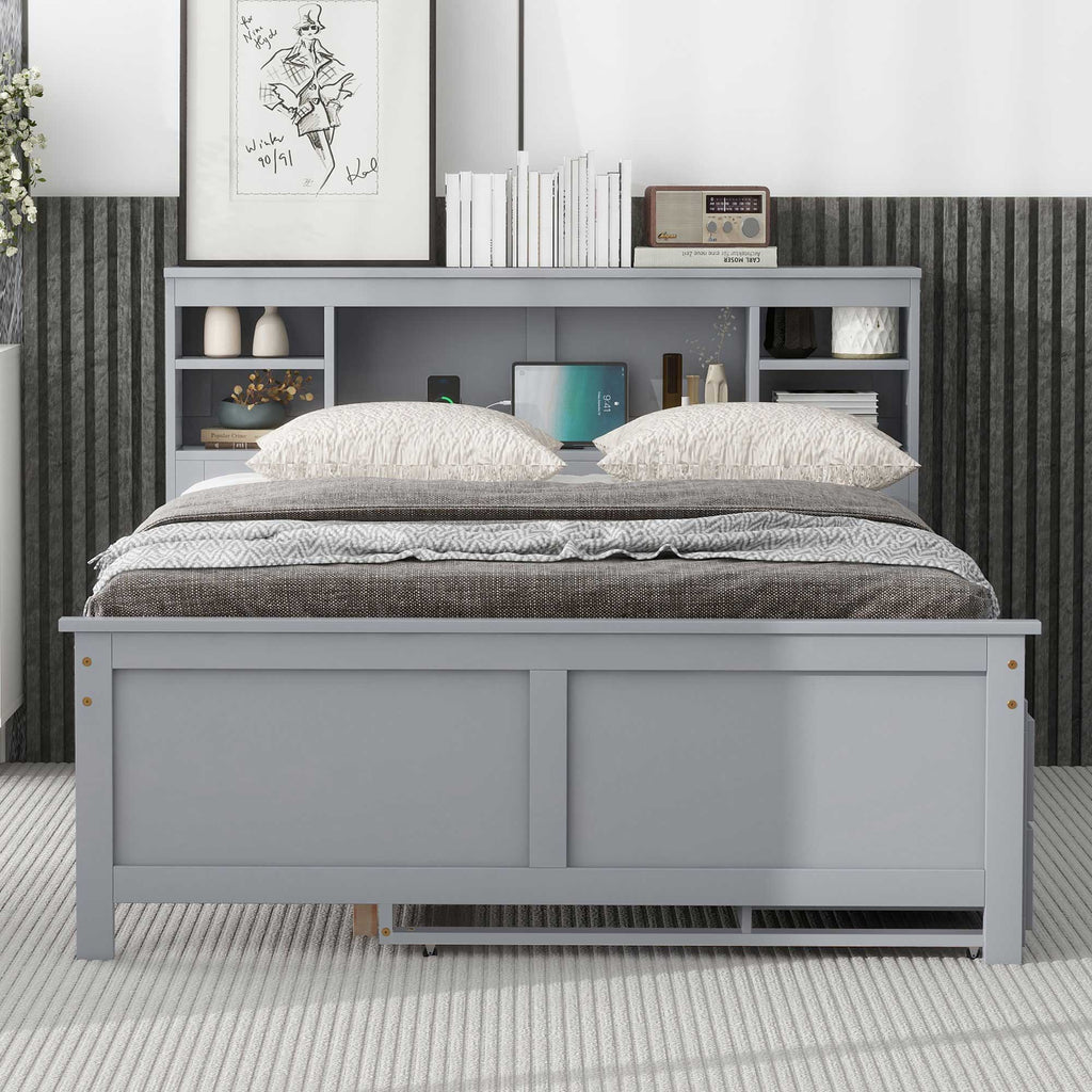 Platform Bed with Storage Headboard, USB, Trundle & 3 Drawers - Twin or Full