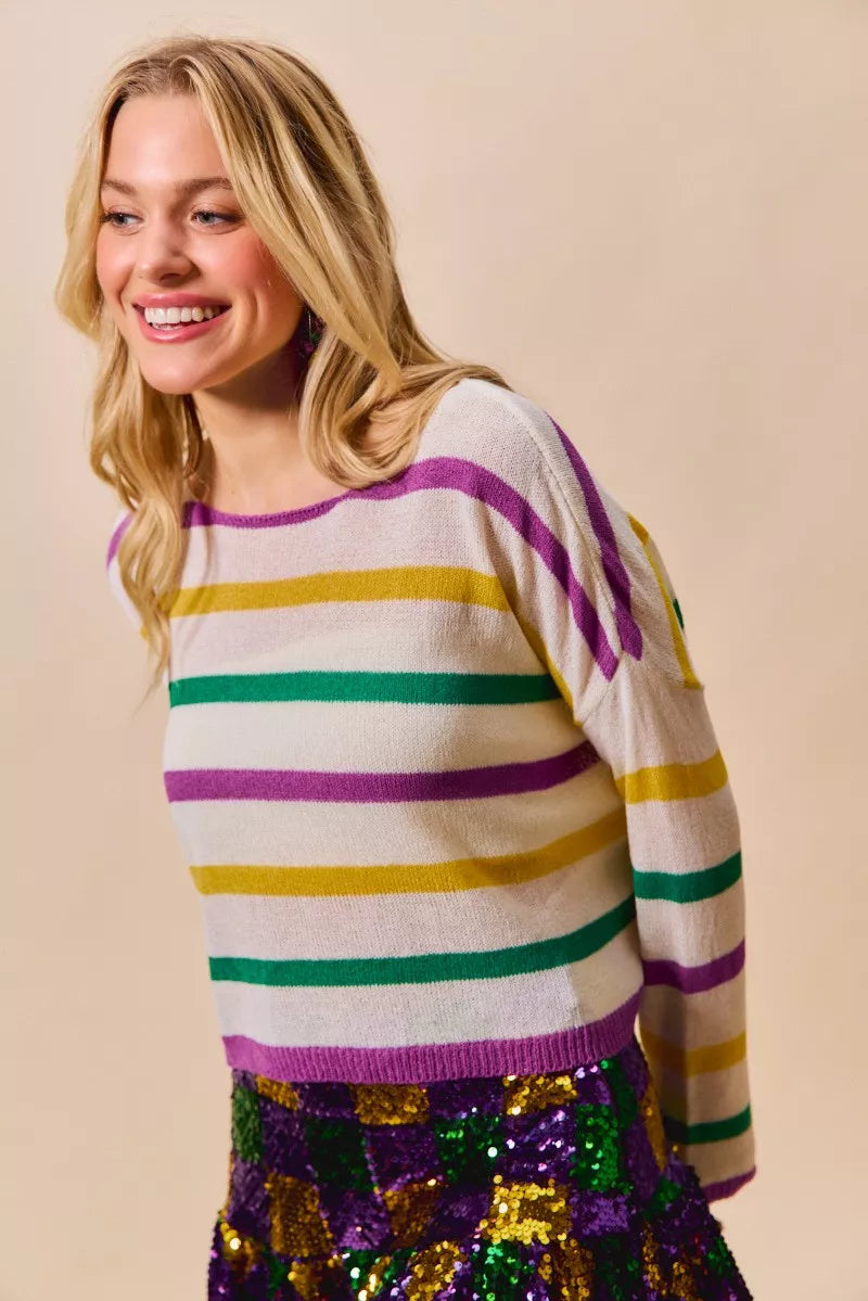 SO ME Mardi Gras Color Stripe Lightweight Sweater Top