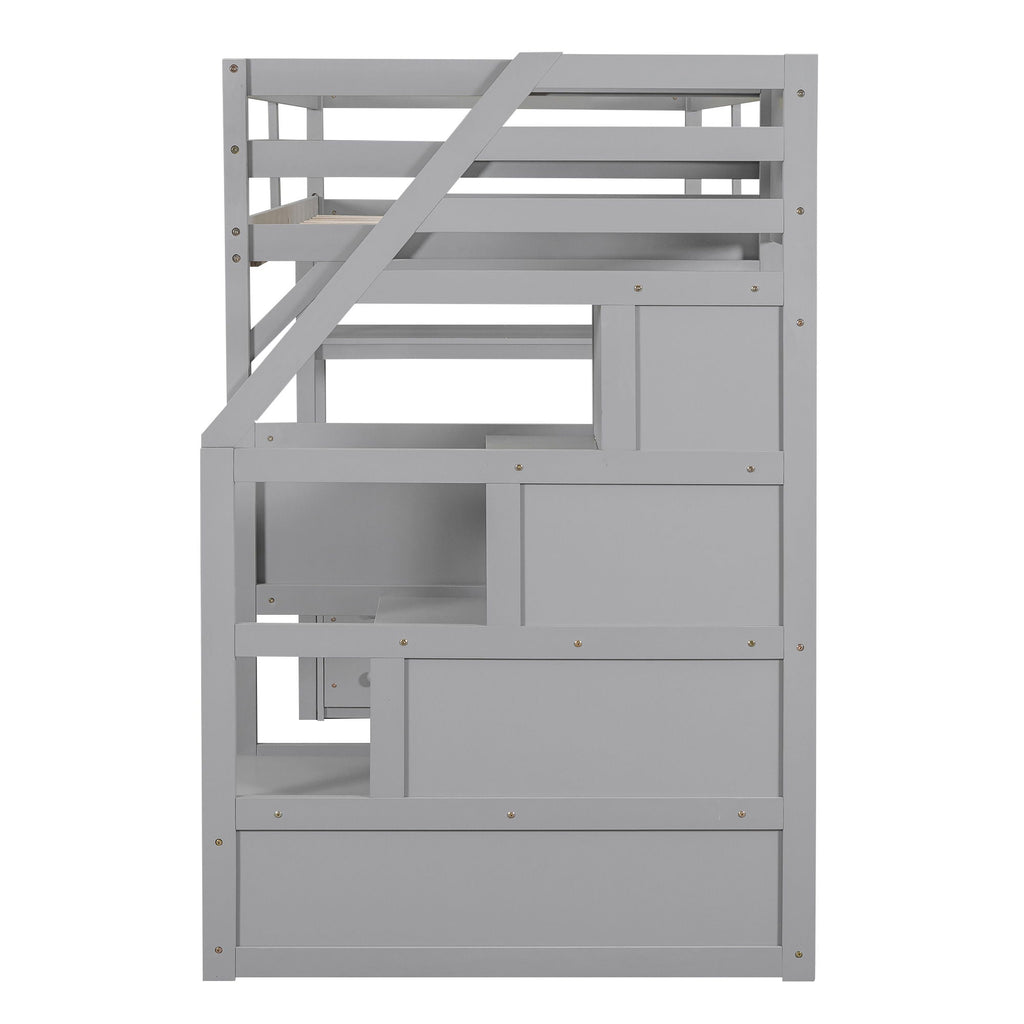 Loft Bed with Desk and Storage Staircase - Full or Twin, White or Gray