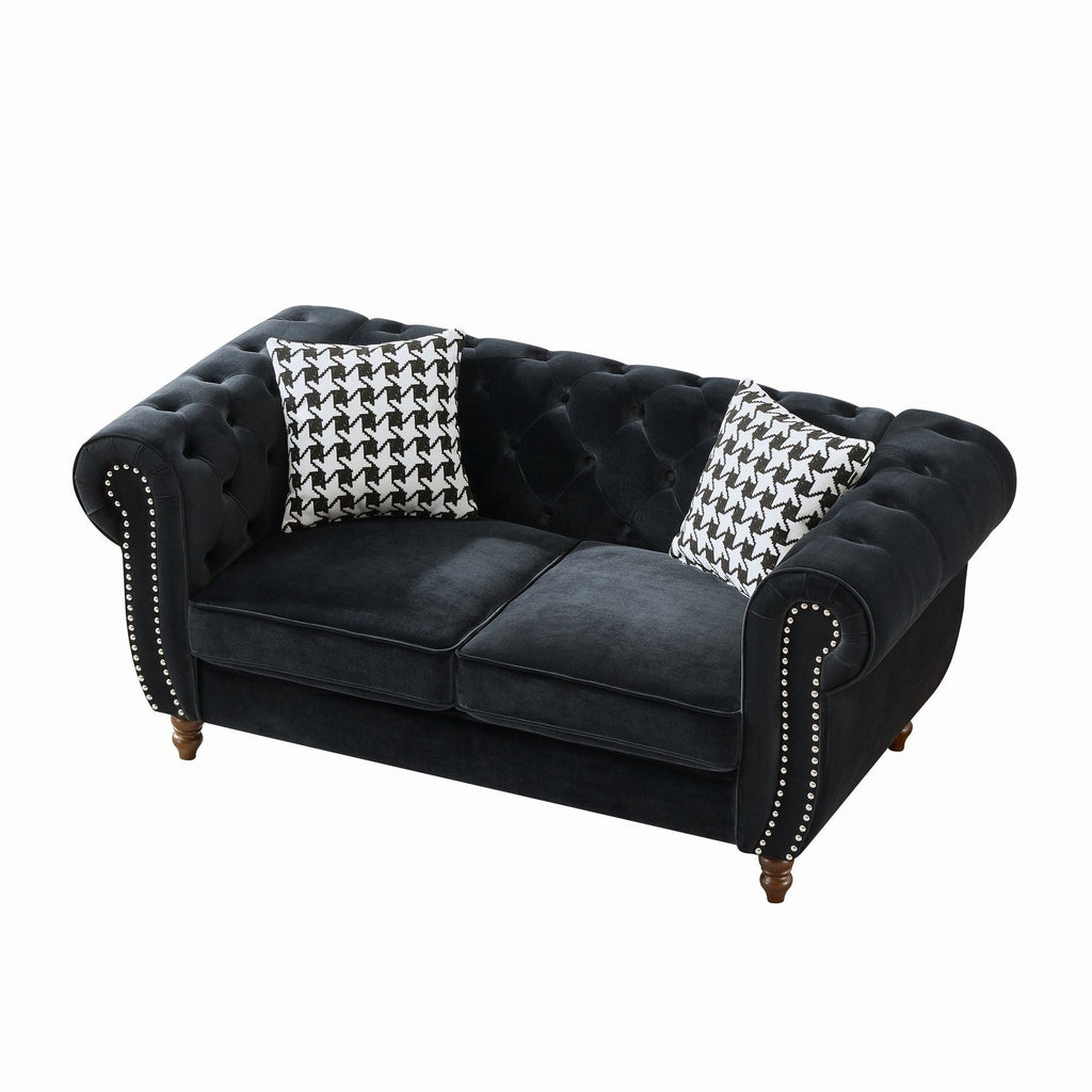 Chesterfield 3 And 2 Seater Upholstery Sofa with Roll Armrest & Nailhead Fabric Couch - Black
