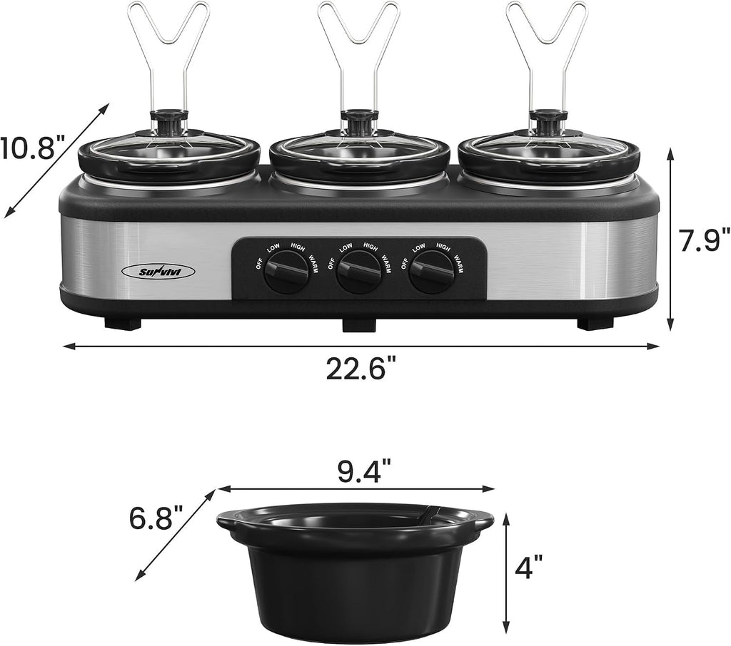 Triple Slow Cooker & Food Warmer with Removable Ceramic Pots - Stainless Steel